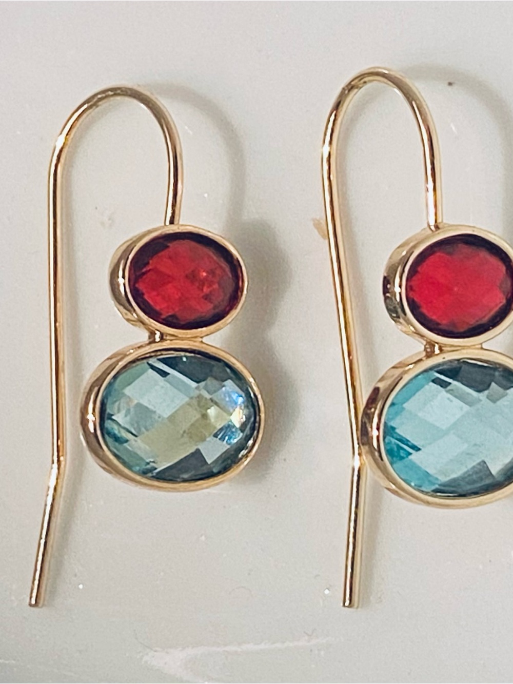 Gold Drop Earrings with Red and Aqua Stones - 1 inch drop